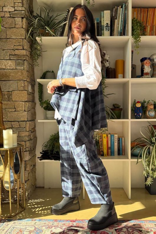 Nora Brushed Cotton Gingham Trapeze Waistcoat Navy